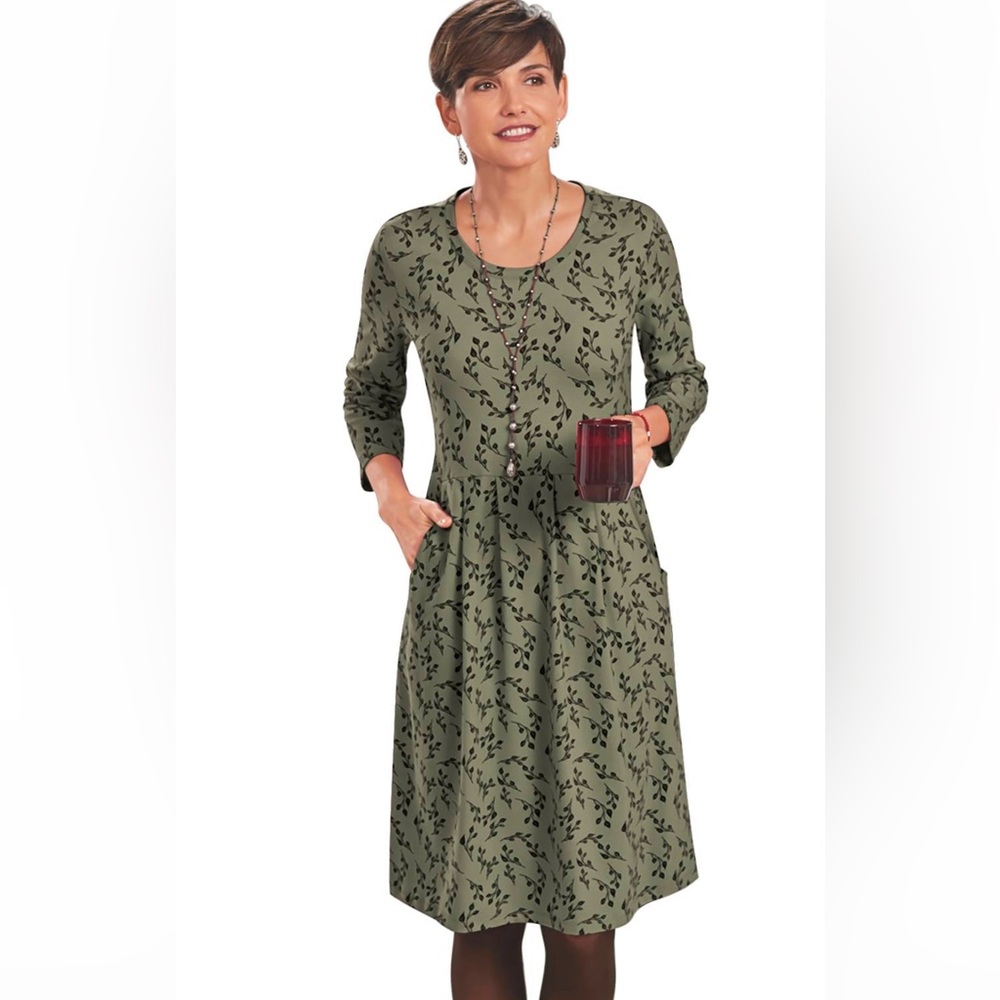 NorthStyle Olive Green Vine Print Pleated Dress Size 1X
